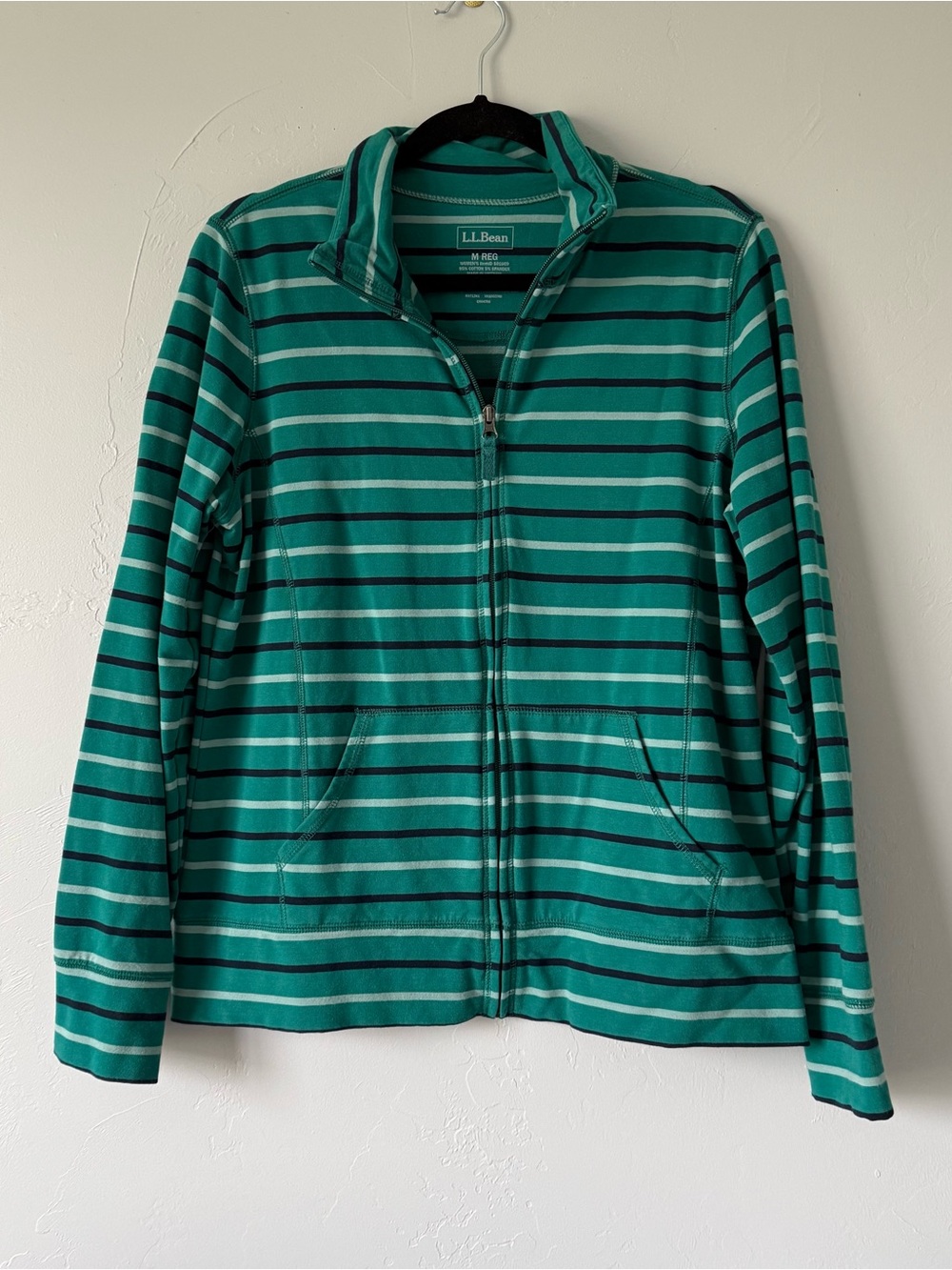 L.L. Bean Ultrasoft Sweats Full Zip Mock Neck Sweatshirt Jacket Green Striped